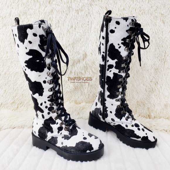 Savage Cow Combat Lace Up Knee Boots Faux Cow Print Brand New - Picture 15 of 17